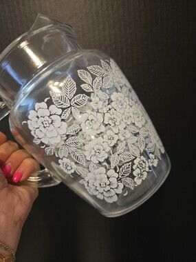 Vintage 60's Federal Glass White Florals W/ Ice Lip Pitcher MCM Cottagecore